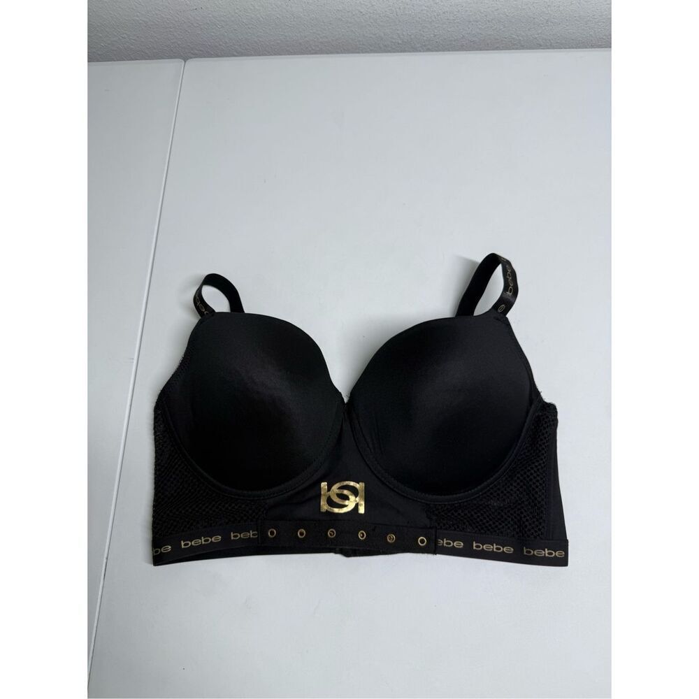 BeBe Bra Size 38C Black Underwire Padded Push-up Foshnet Bra Logo On Band